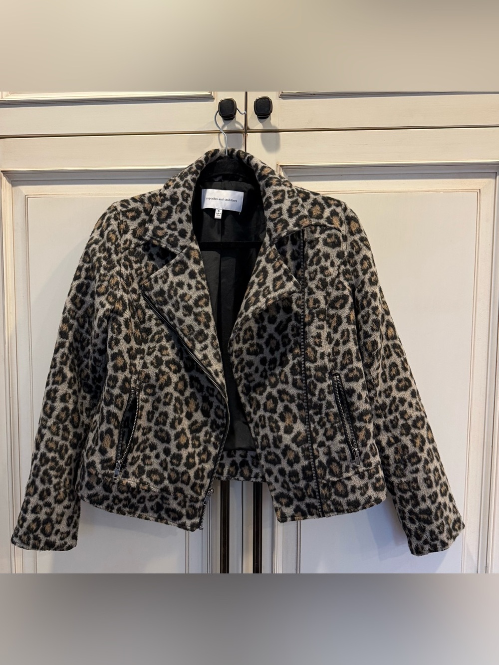 Leopard Print Wool-Blend Moto Jacket - Women's Gray/Black